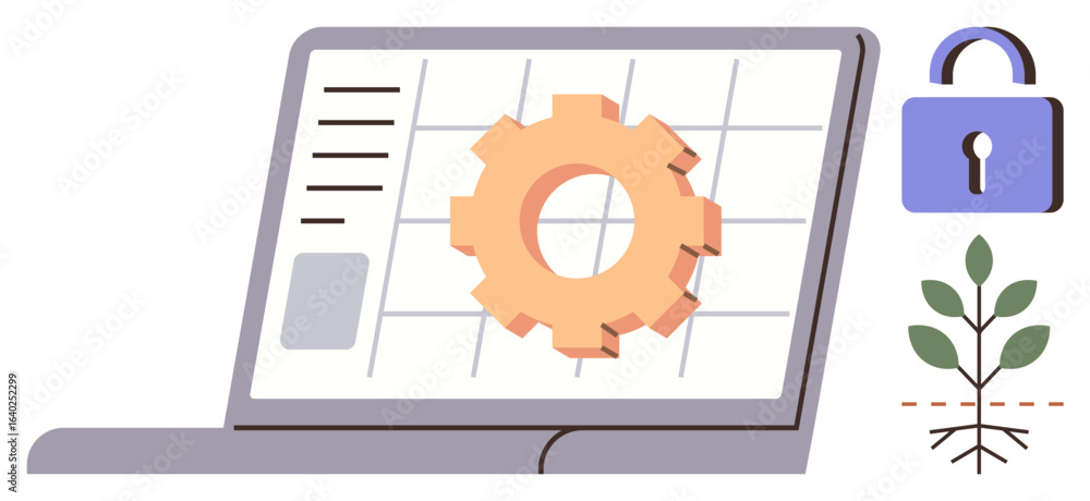 Poster laptop showcasing a gear on-screen, symbolizing process management or system function. side icons re