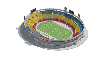A detailed 3D vector illustration of a miniature Rajamangala stadium, presented in a clean isometric perspective for modern sports concepts.