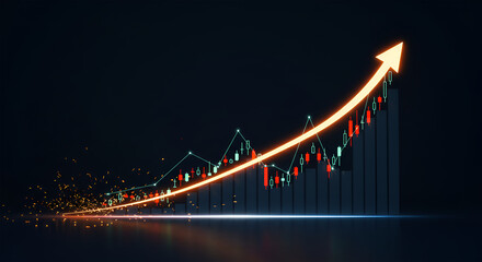 Obraz premium Stock market candlestick chart showing a strong upward trend with a glowing orange arrow in a bright studio.