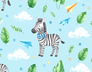 Obraz premium Watercolor airplane kid seamless pattern. Watercolor toy background baby cartoon cute pilot hippopotamus, zebra with hippo, lion aviation sky transport airplanes, clouds