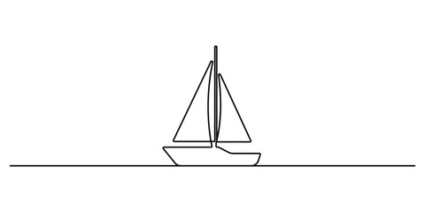One continuous line drawing of sailboat or yacht. Single line drawing outline vector art illustration, Continuous one line drawing of sailboat. Business icon. Doodle vector illustration