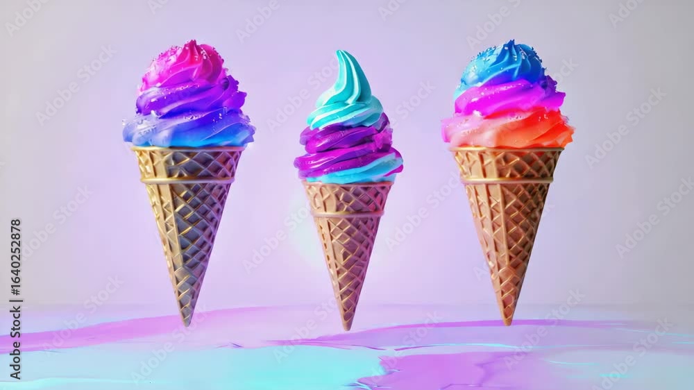 Poster three colorful ice cream cones with vibrant neon colors are floating against a matching neon backgro
