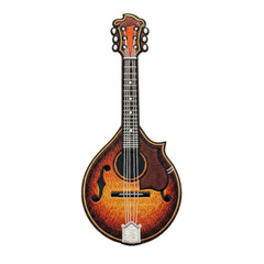 Obraz premium Vibrant embroidery patch featuring a classic mandolin instrument. Detailed stitching in warm brown and orange tones, ideal for music themes.