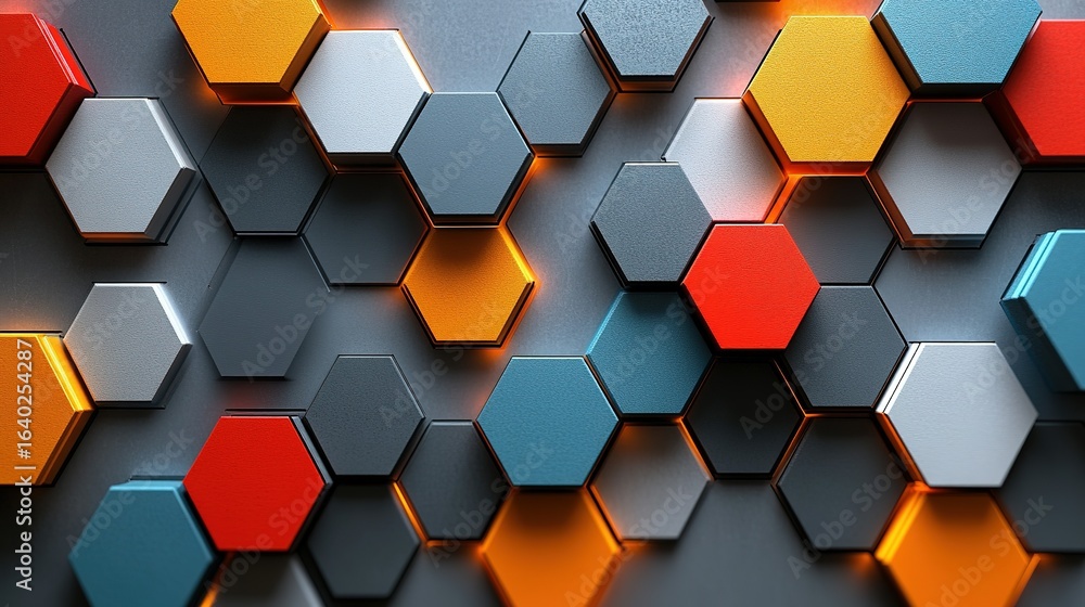 Poster colorful hexagon tiles arranged in a pattern on a dark gray surface.