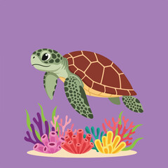 A cartoon sea turtle swims above a colorful coral reef on a light purple background, creating a cheerful underwater scene.
