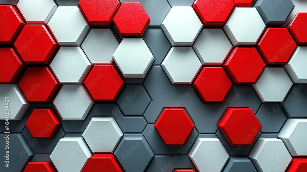 Poster hexagonal tiles pattern in red white and gray colors abstract background.