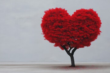 A vibrant red heart-shaped tree against a muted gray sky