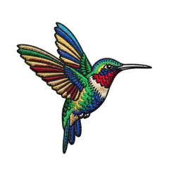 Obraz premium Colorful embroidered hummingbird patch with intricate stitching, perfect for apparel, accessories, or craft projects.