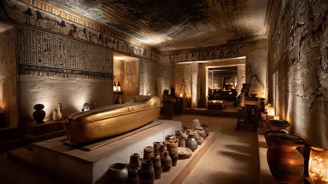 Exploring an Ancient Egyptian Tomb Filled with Artifacts and Decor