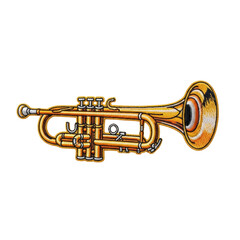 Naklejka premium A vibrant golden trumpet, a classic brass musical instrument, depicted with detailed design. Ideal for themes of music, jazz, orchestras, and celebrations.