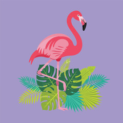 A vibrant illustration depicts a pink flamingo standing gracefully amid lush tropical foliage against a soft lavender backdrop.