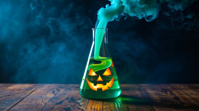 Halloween science experiment with green smoke in flask