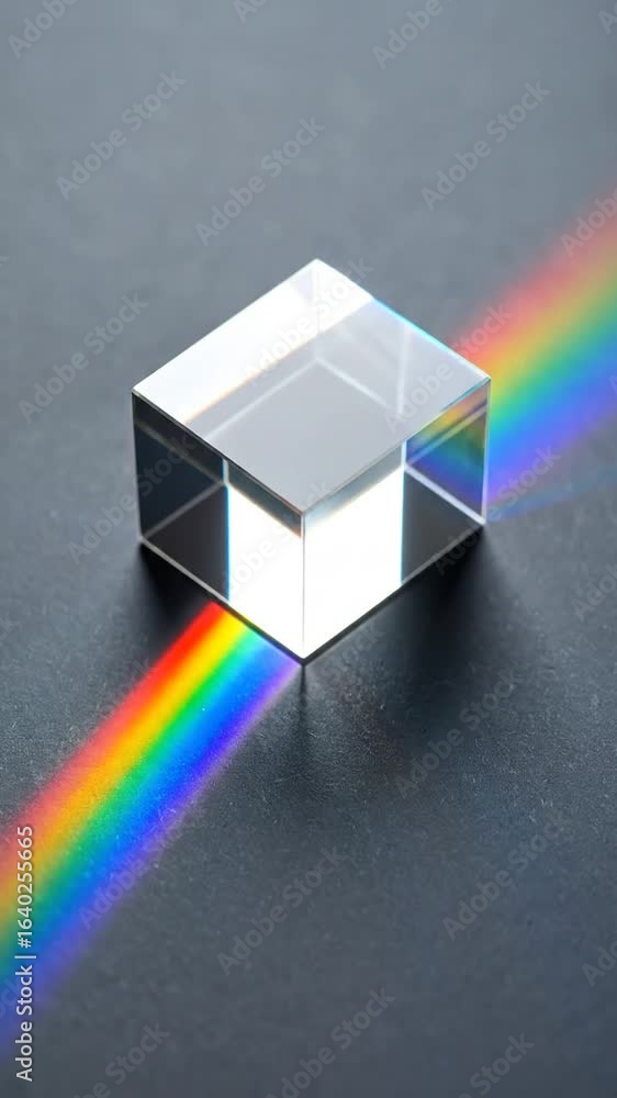 Poster optical prism creating rainbow spectrum on gray background with geometric shape laboratory physics d