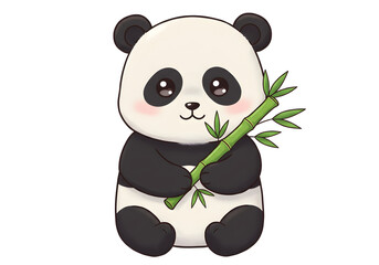 Obraz premium Adorable panda happily holding bamboo shoot, a charming illustration for children's books and designs