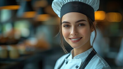A female culinary maestro, clad in a crisp white chef's coat and a matching black apron, radiates warmth and joy as she smiles invitingly at the camera, her expression reflecting the passion 