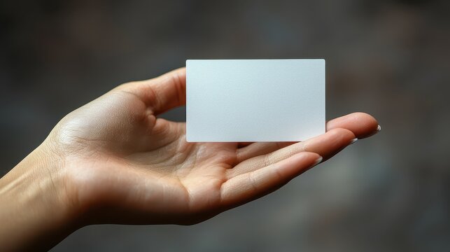 A human hand, adorned with manicured nails, extends a pristine white blank business card against a stark white backdrop, creating a minimalist mockup design for a professional and versatile 