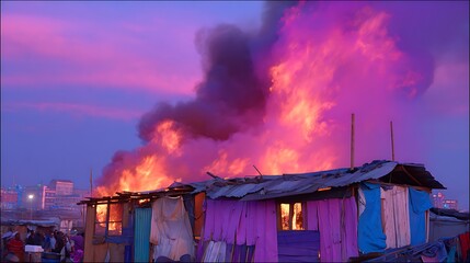 Dramatic Fire Engulfs Slum Dwelling at Sunset with Smoke, and Destruction  Community.