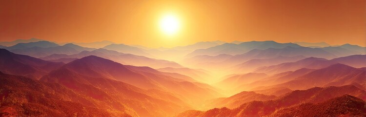 Sunrise over a misty mountain range.  Layers of mountains bathed in warm, golden light, with a brilliant sun at the horizon.  Soft, hazy colors of orange, red, and purple dominate the scene