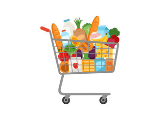 Grocery shopping cart loaded with nutritious food choices for healthy meals and lifestyle planning