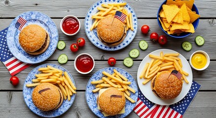 Labor day picnic with burgers, fries, chips, and american flags on a wooden table
