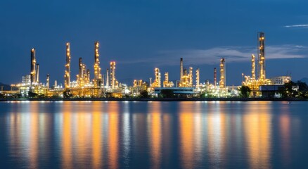 Industrial complex by a river at twilight