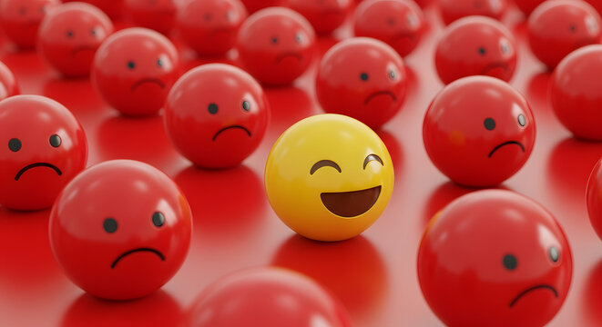 Yellow smile emoji in red sadness emojis . leadership and team work concept with emoticons