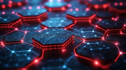 Abstract network of hexagons with glowing red and blue lights and connections.