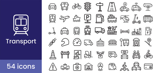 Transport and public travel line icon set with car, vehicle, traffic, and logistics symbols

