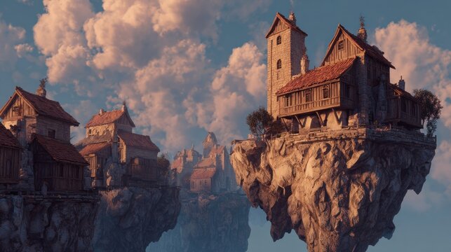 Evening view of an ancient European city with a medieval castle, cathedral, and gothic towers against the sky