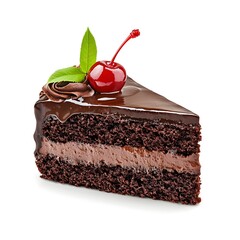 Delicious chocolate cake slice with creamy filling topped with cherry and mint leaves, perfect for dessert lovers.