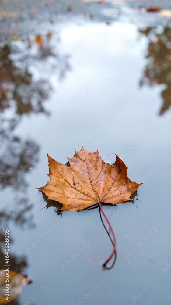 Poster single maple leaf floating in puddle reflecting trees in muted light with wet ground background in v