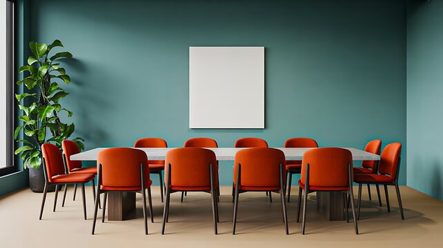 Modern conference room interior with red chairs and green wall in natural lighting
