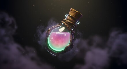 Mysterious glowing potion bottle with ethereal smoke and magical particles, perfect for fantasy themes