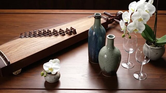 Still life with a zither bottles wine glasses and orchids on a wooden table