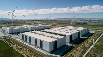 Modern renewable energy storage facility with massive battery systems surrounded by wind turbines under dramatic cloudy sky in sustainable power generation landscape