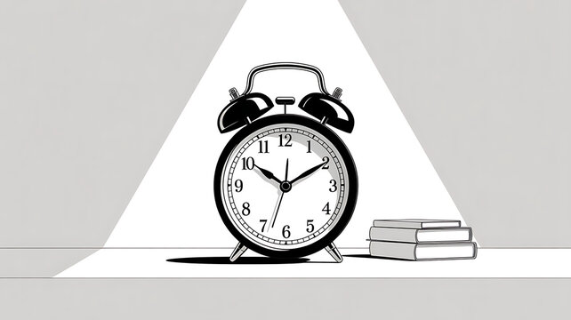 Time's Echo: A vintage alarm clock and book in a monochrome setting, bathed in a dramatic spotlight, symbolizing the concept of time and deadlines.