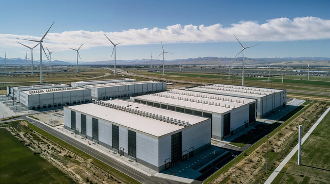 Modern renewable energy storage facility with massive battery systems surrounded by wind turbines under dramatic cloudy sky in sustainable power generation landscape