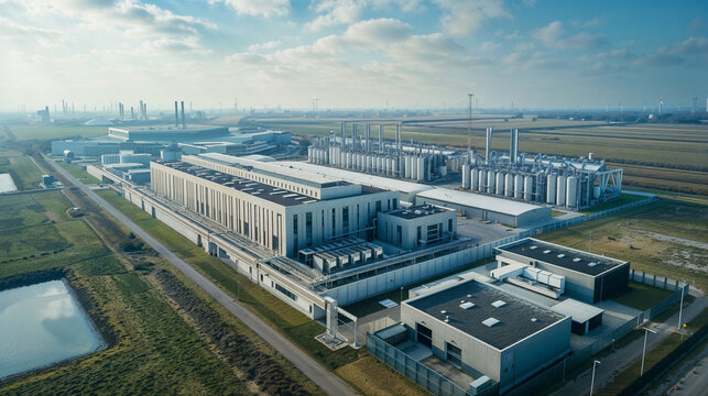 Modern data center facility with wind turbines visible in background, showcasing sustainable technology infrastructure and renewable energy integration in computing
