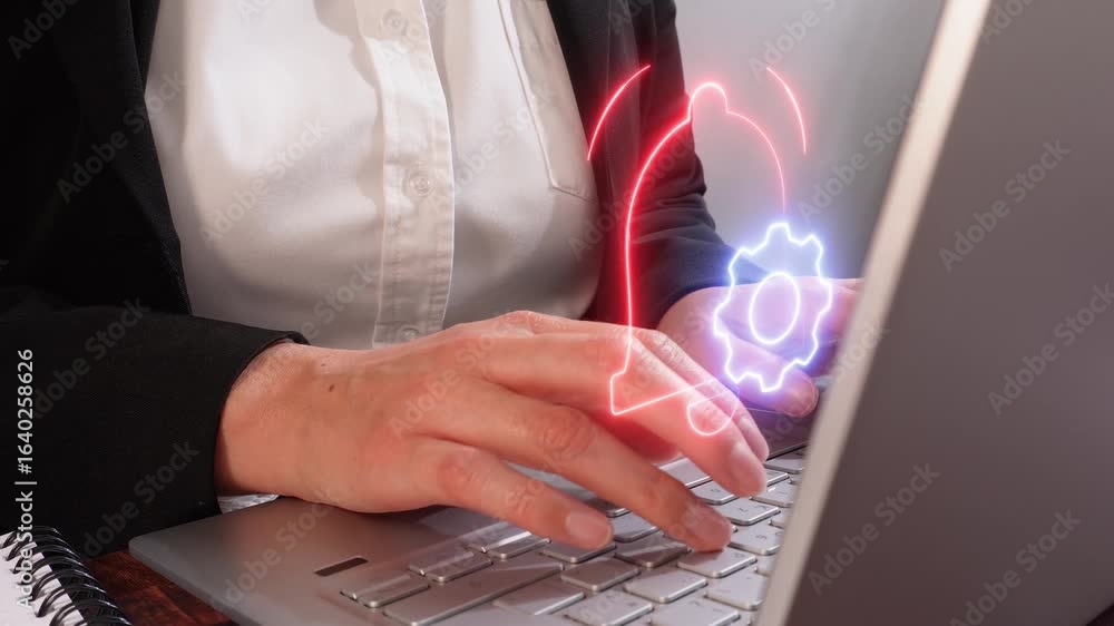 Aufkleber user alert optimization concept. close-up of a businesswoman's hands working on her computer with a 