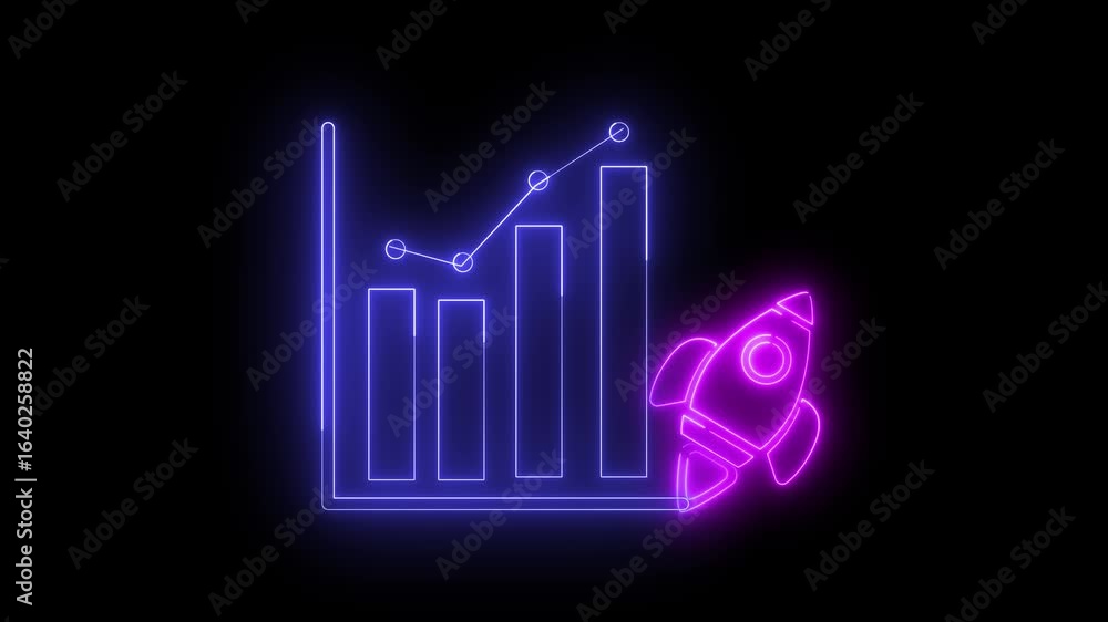 Aufkleber neon light effect animation of bar chart icon with rocket, black background