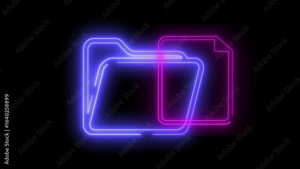 Poster neon light effect animation of a folder icon with a document, black background
