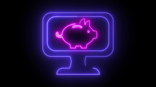 Neon light effect animation of a screen icon with a piggy bank, black background
