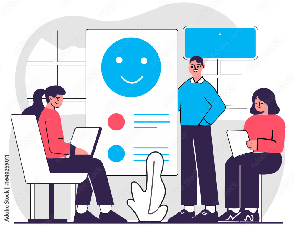 Poster flat vector of manager gathering feedback from team with feedback board and happy idea sharing in wa