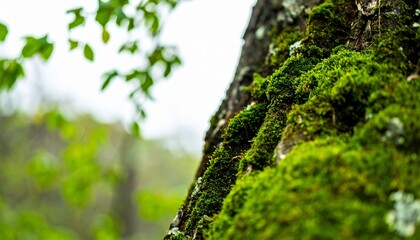 Macro shot of vibrant green moss growing on a tree trunk in a lush forest environment
