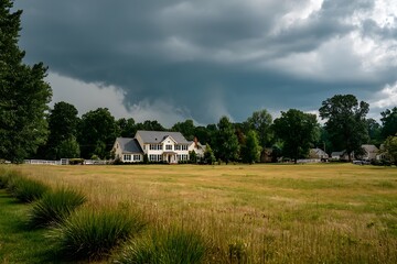 Dramatic Stormy Sky Over Suburban House with Field, and and Trees Summer Weather Scene.