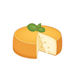 Isolated cheese wheel with cut wedge and herb leaves — sketch vector isolate