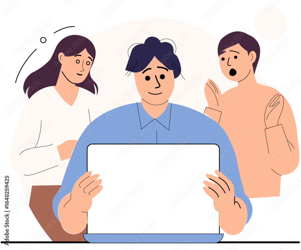 Poster flat design of remote worker facing technical issue with buffering screen and confused expression, o