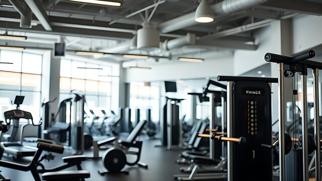 Well-equipped fitness center interior showcasing various bodybuilding machines in a clean modern design. - Powered by Adobe