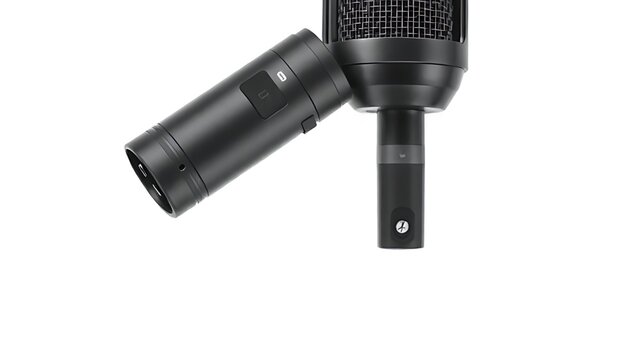 Professional dynamic microphone isolated on white background with a close-up view of XLR connector. - Powered by Adobe