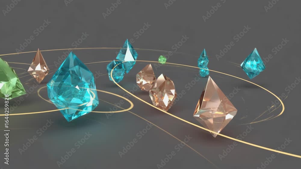 Poster colorful crystals in various geometric shapes are rotating and floating gracefully against a soft gr